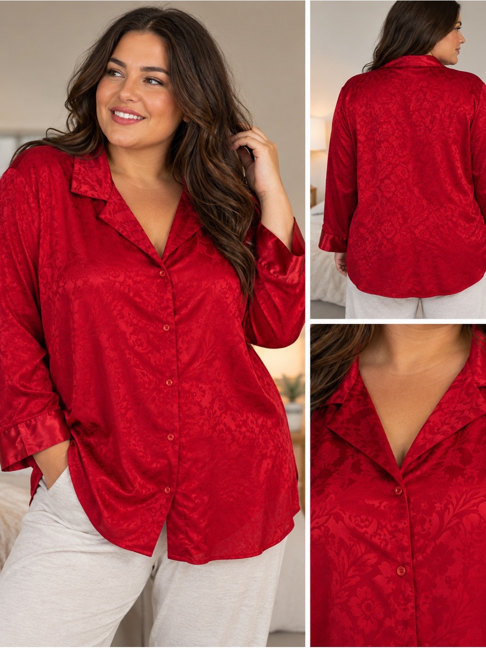 Cacique Red Damask Jacquard Pajama Top Button Down Sleep Shirt Plus Size 18/20